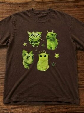 Cat Brown Graphic Tee with Neon Green Cat Art